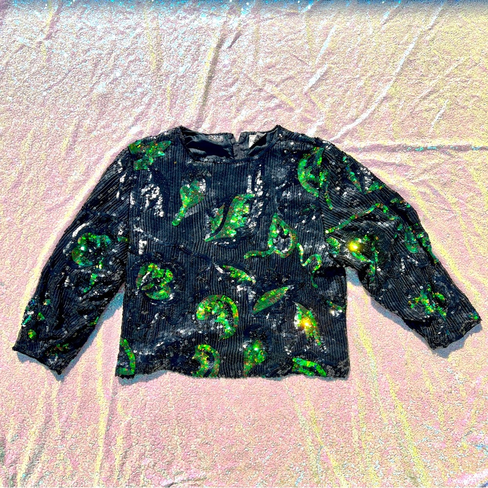 80s Leafy Beetle Green And Black Sequin Top